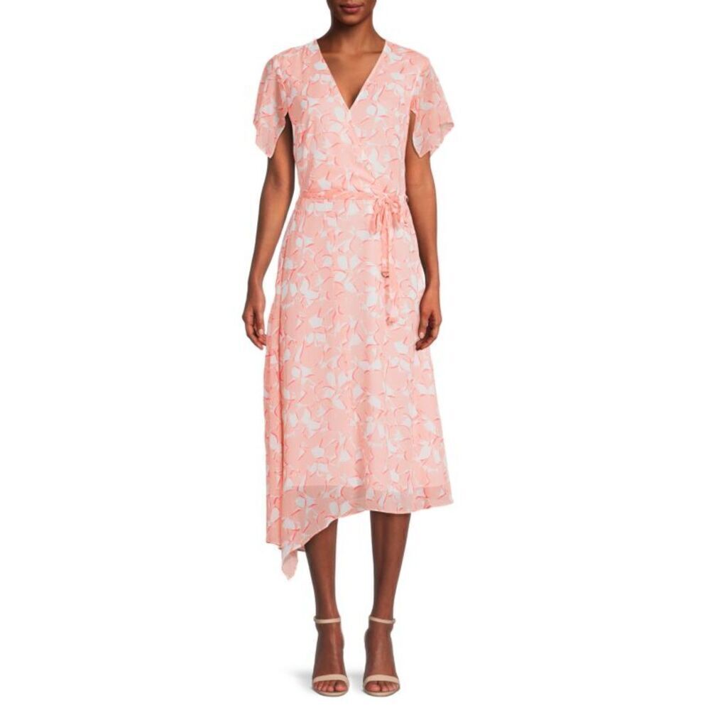 DKNY Women Pink Peach Floral Printed V-Neck Belted Midi Cocktail Dresss size 12